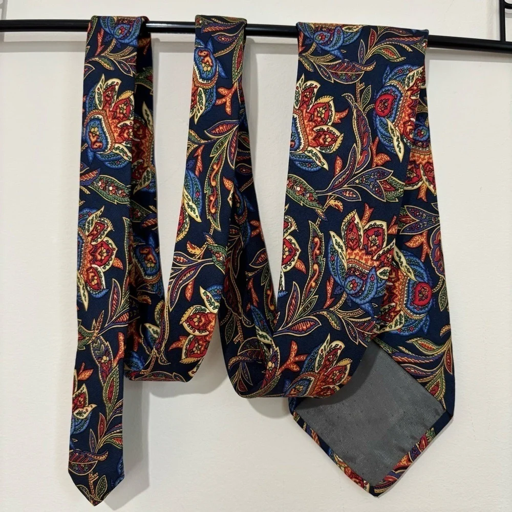Emilio Sandrini Kreymborg Vintage Navy Orange 100% silk paisley brocade Neck Tie